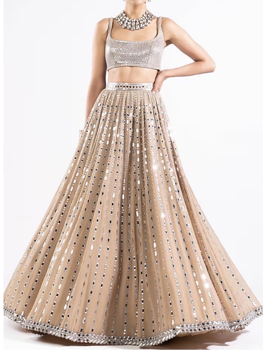 Vvani by Vani Vats Beige Mirror-Embellished Lehenga Set